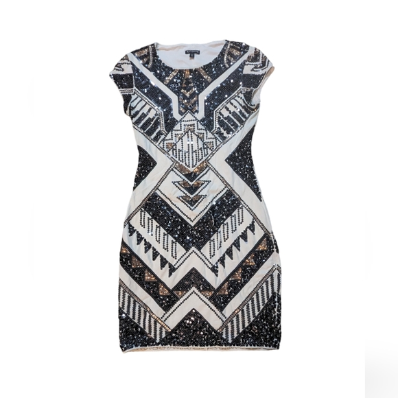 Express White, Gold, & Silver Geometric Sequin Dress Women's Size XS - Picture 1 of 5